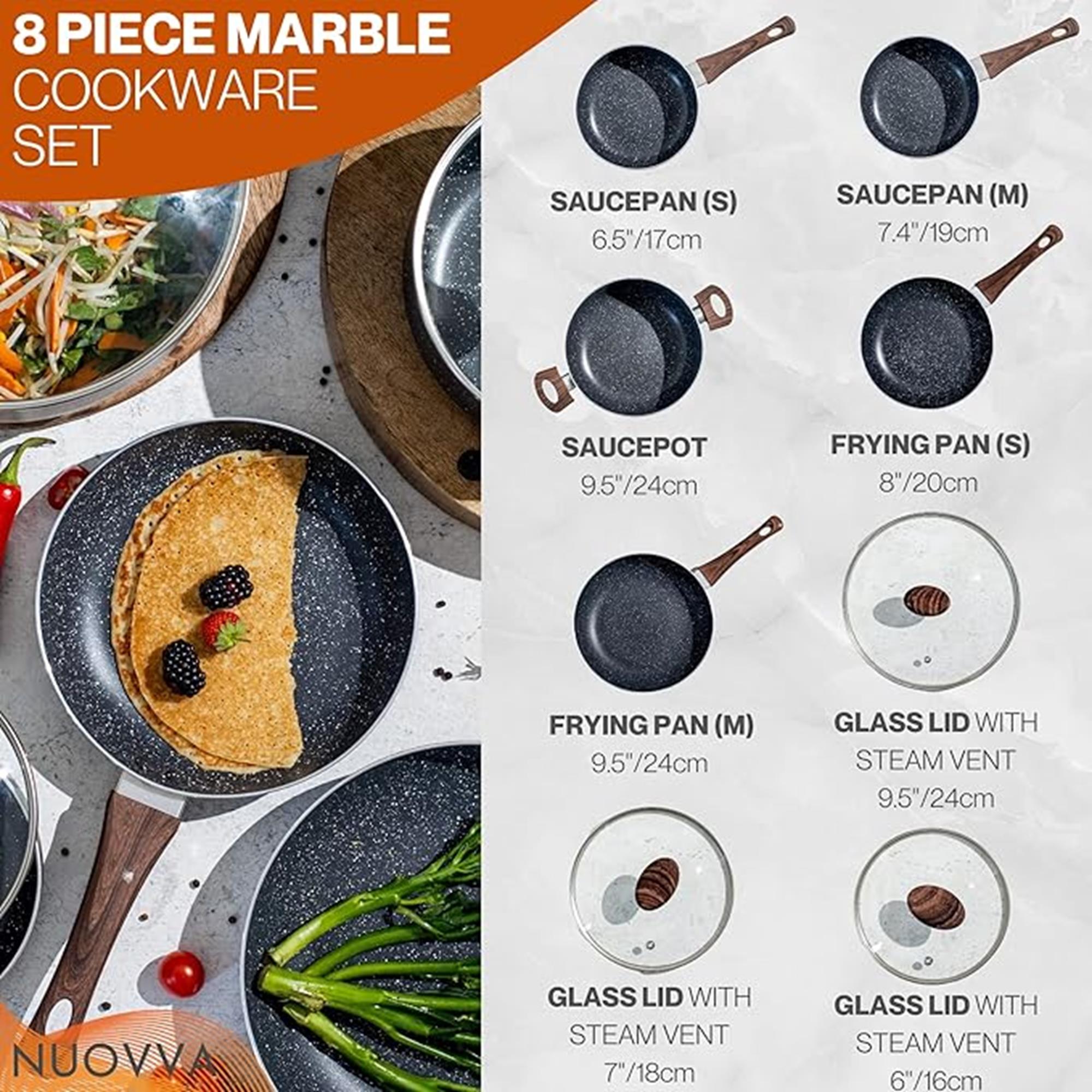 8pcs marble cookware set includes 2 saucepans, saucepot, 2 frying pans with glass lids 