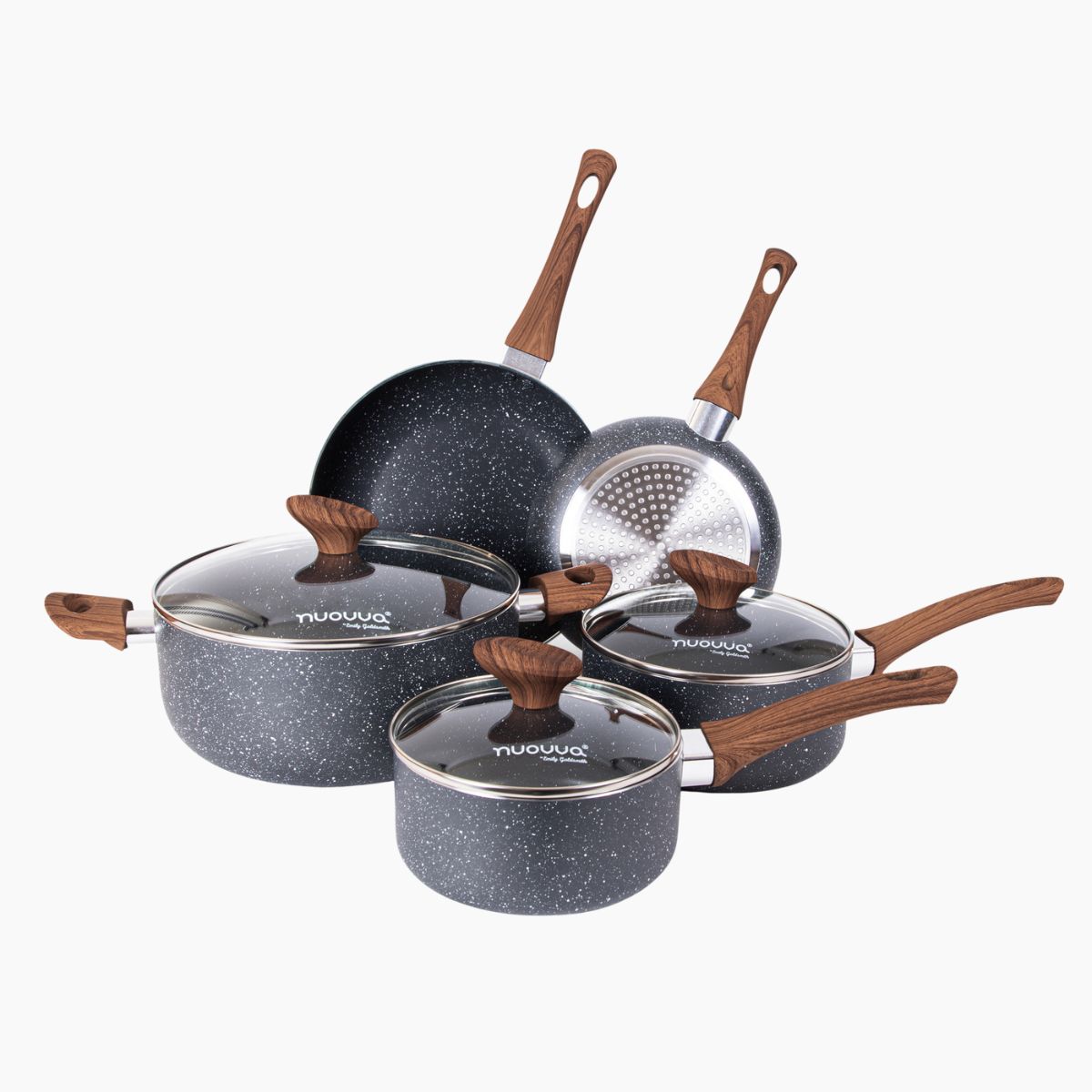 Set of cookware with grey granite marble design and wooden handles