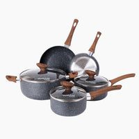Set of cookware with grey granite marble design and wooden handles