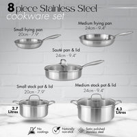 Measurements for the 8 piece stainless steel cookware set including stockpot, saute pan and frying pan 