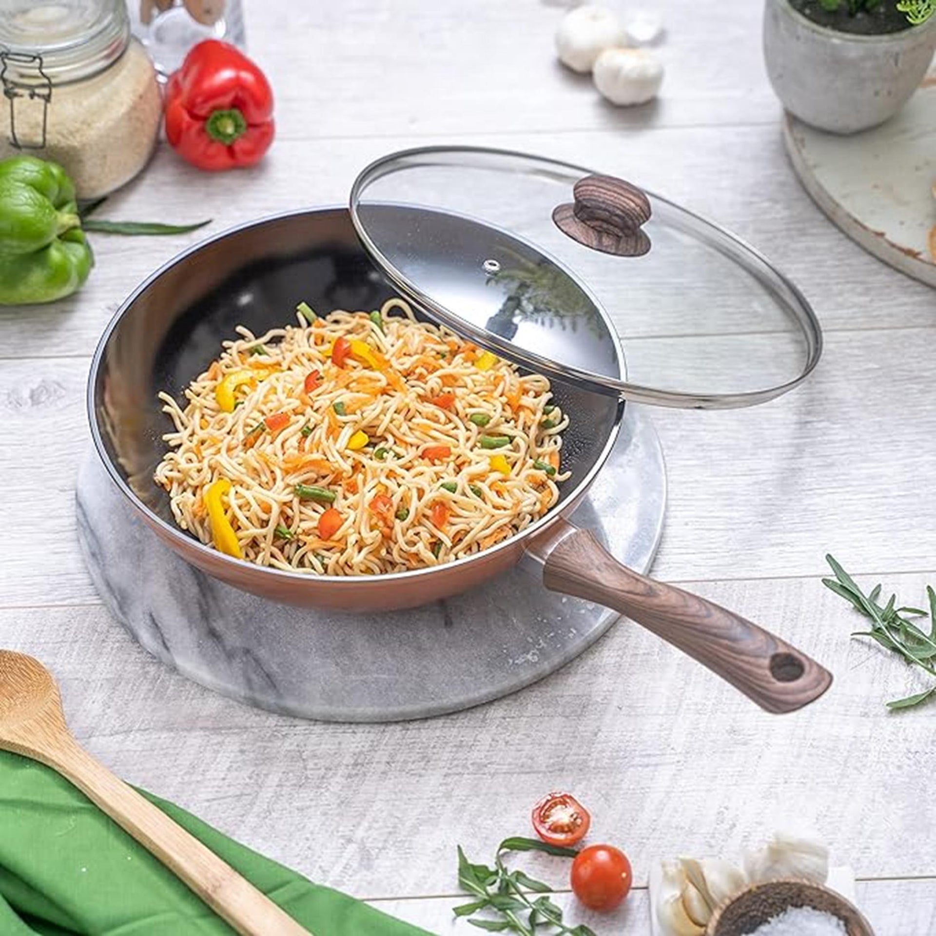 Induction Non-Stick Wok Pan – Deep Stir Fry Pan with Lid - 28cm - Copper