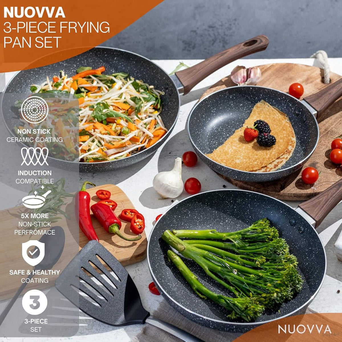 Frying Chef’s Pan Set Lightweight Induction Compatible - 3Pcs (20cm, 24cm, 28cm) Grey Granite