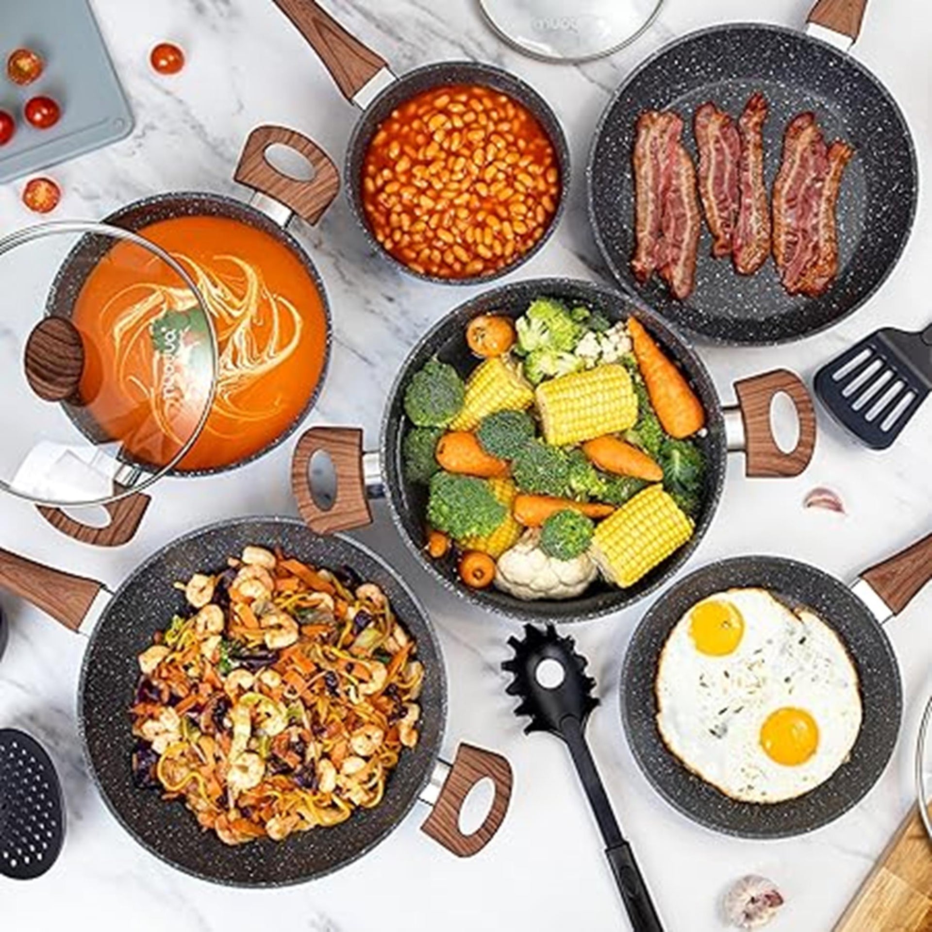 15-Piece Cookware Set Pots, Pans & Utensils - Grey Granite