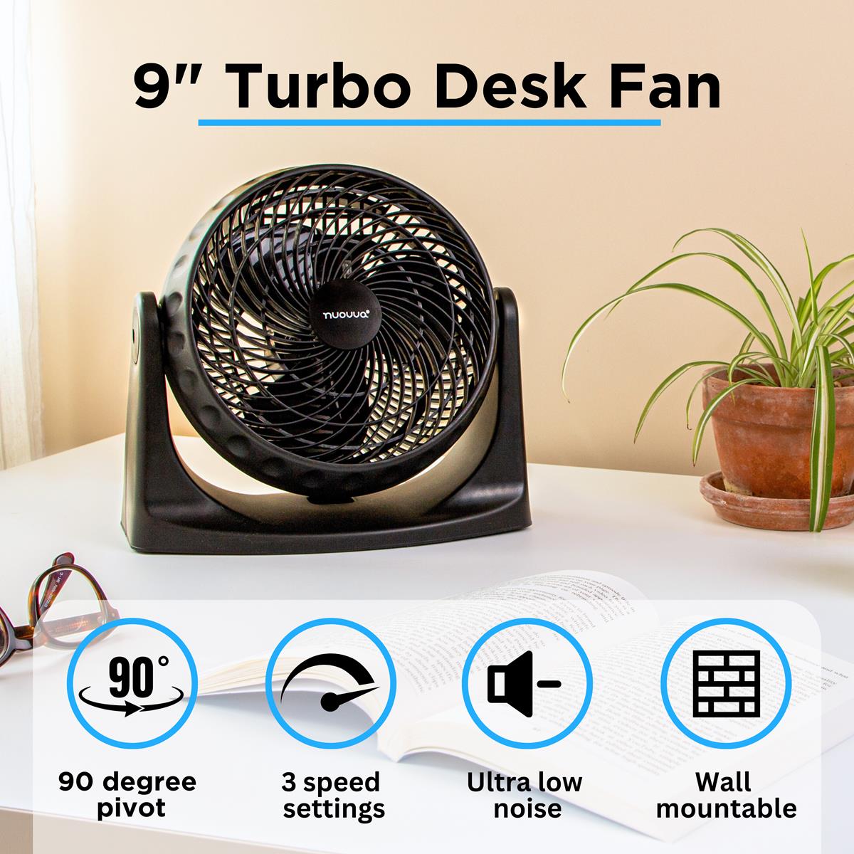 9-inch turbo desk fan with 90 degree pivot, 3 speed setting, low noise and wall mountable features.