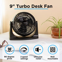 9-inch turbo desk fan with 90 degree pivot, 3 speed setting, low noise and wall mountable features.