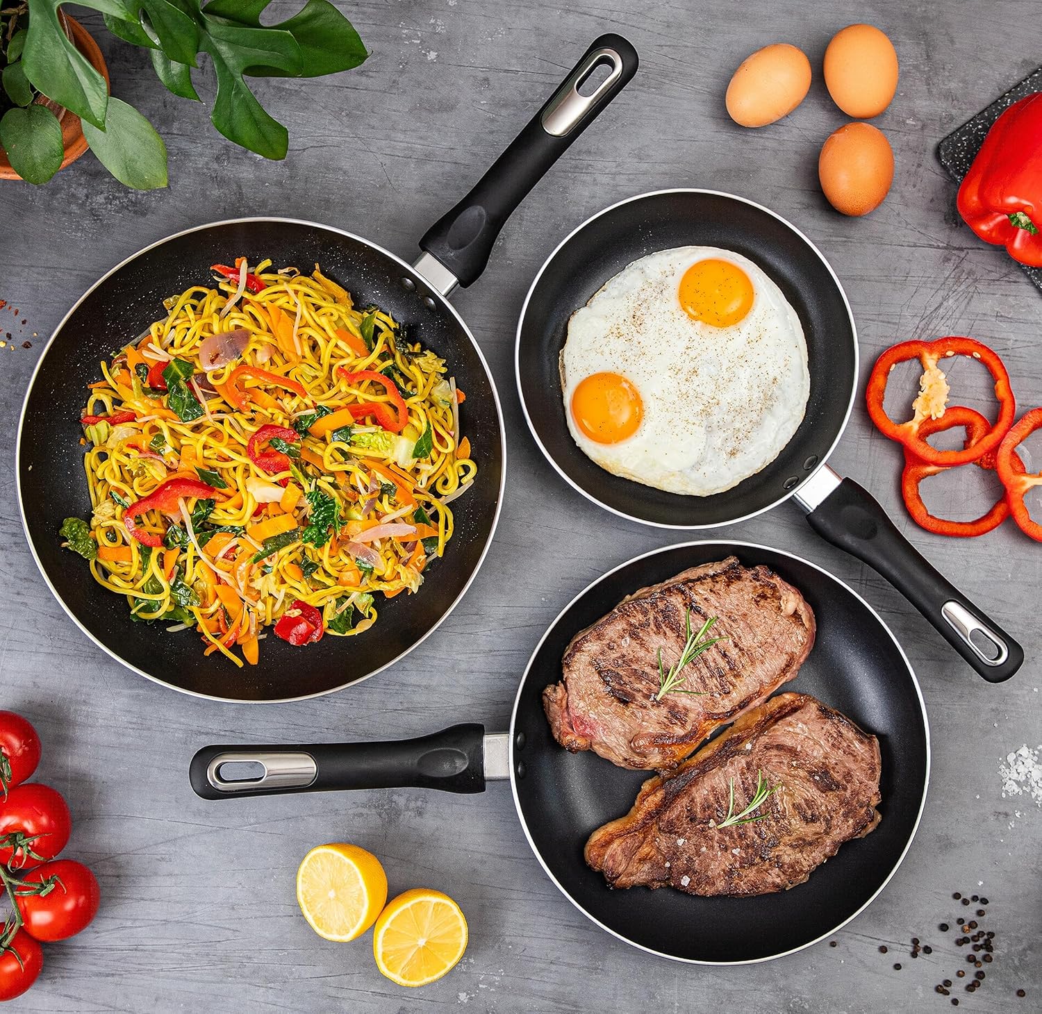 Frying Chef’s Pan Set Lightweight Induction Compatible - 3Pcs (20cm, 24cm, 28cm) Black