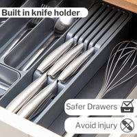 Nuovva expandable cutlery drawer with built in knife holder for safer drawers and to avoid injury.
