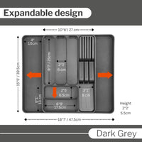 Dark grey cutlery organizer with expandable design - dimensions listed