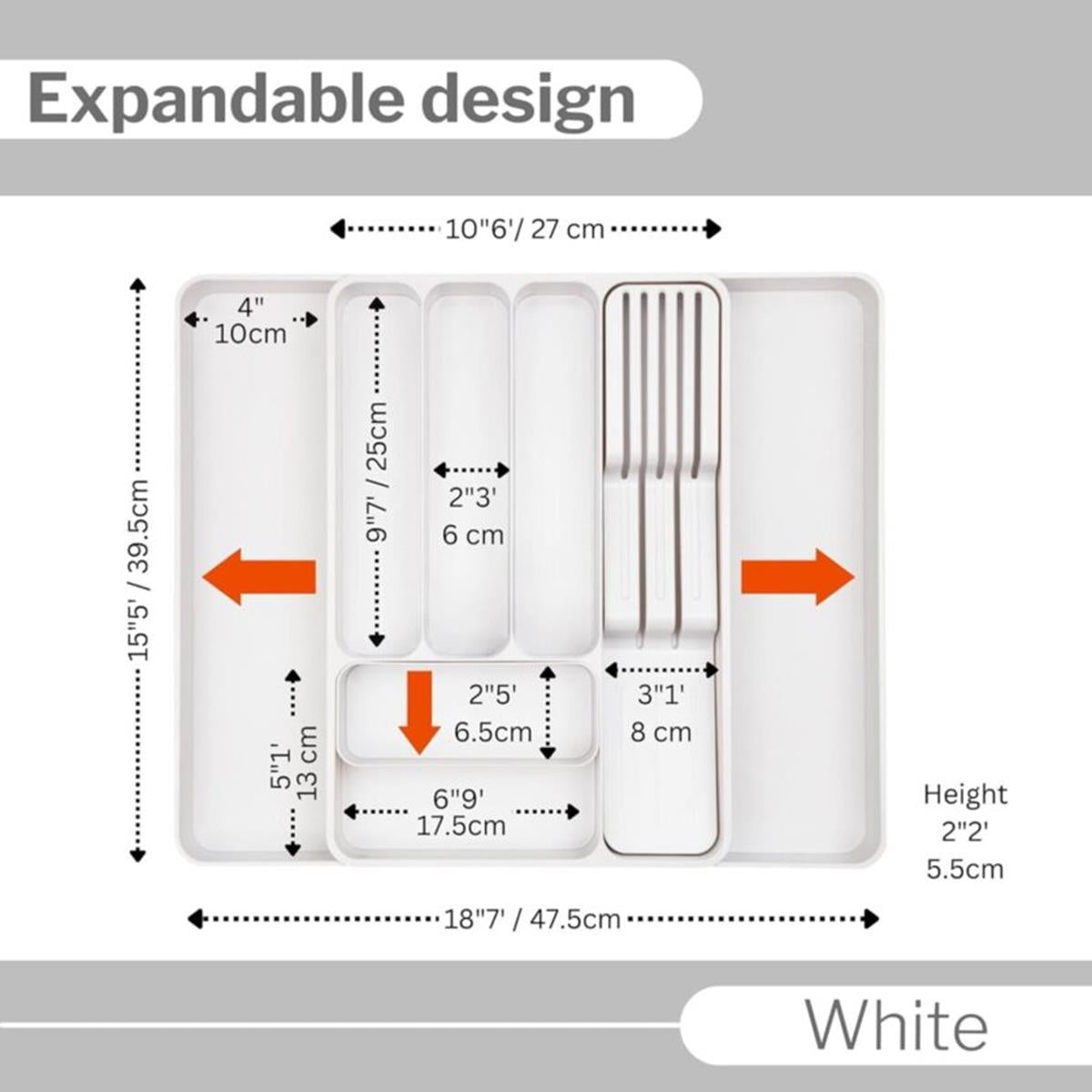 Expandable cutlery drawer organizer with dimensions and measurements labeled.