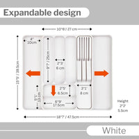 Expandable cutlery drawer organizer with dimensions and measurements labeled.