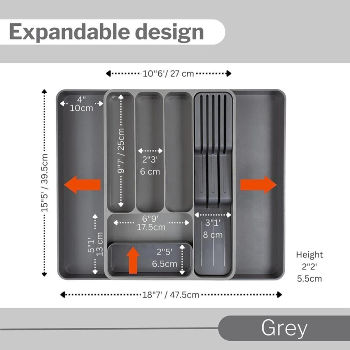 Expandable kitchen organizer with measurements and dimensions.