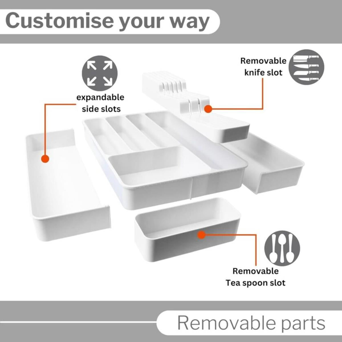 Keep your kitchen organized with the drawer organizer - comes with expandable options an removable slots.