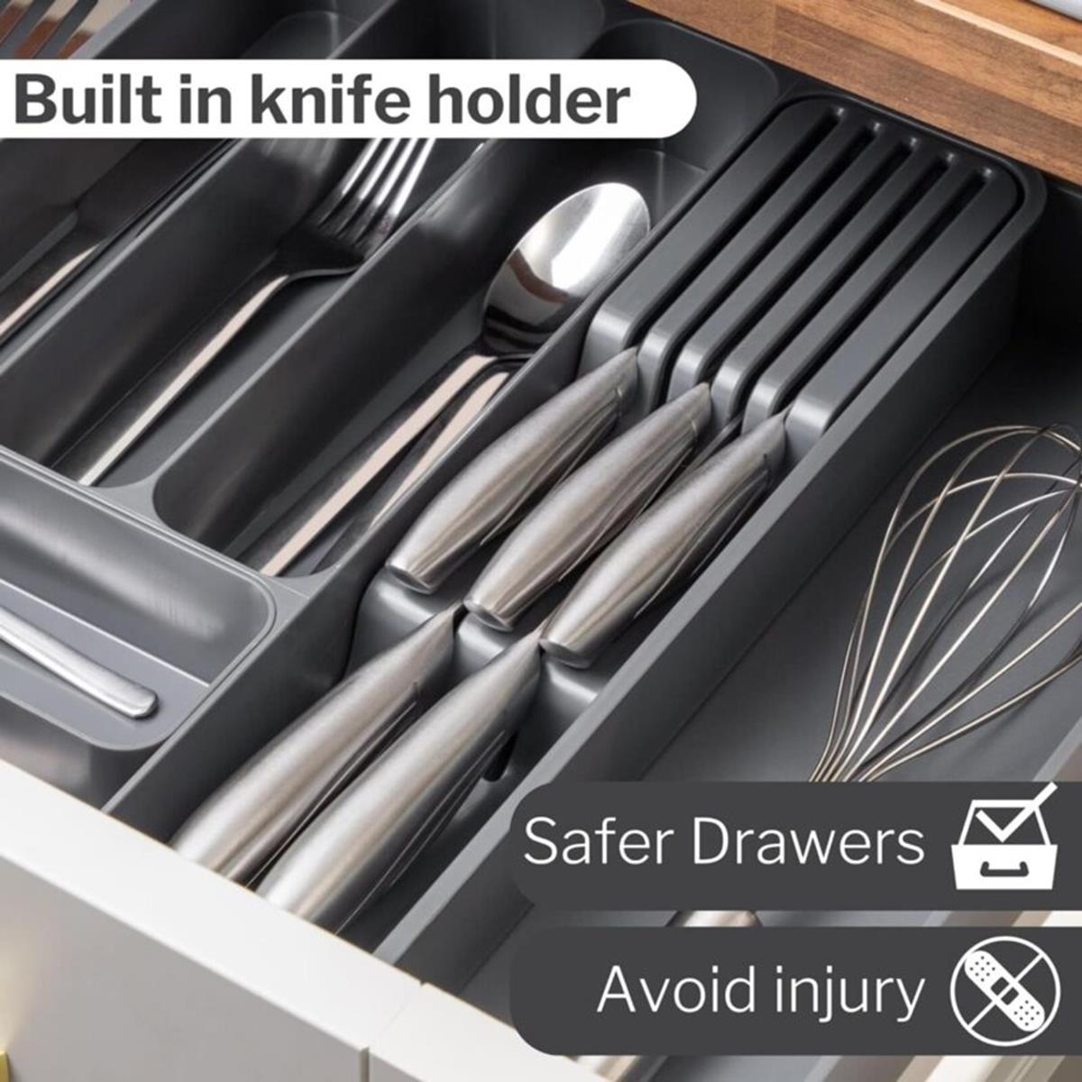 Adjustable cutlery drawer with built in knife holder for safer drawers to avoid injury. 