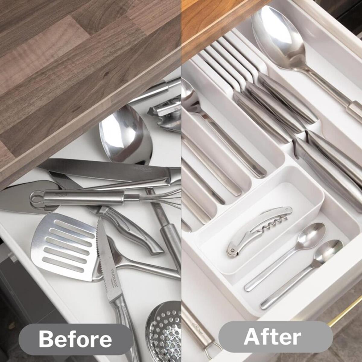 Comparison of messy and organized kitchen drawer using the adjustable cutlery drawer with slotted knife compartments. 