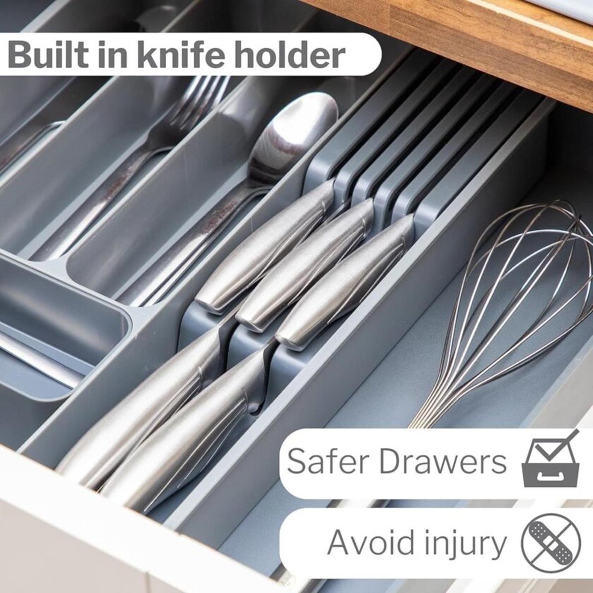 Grey adjustable cutlery organizer with built in knife holder for safer drawers to avoid injury.