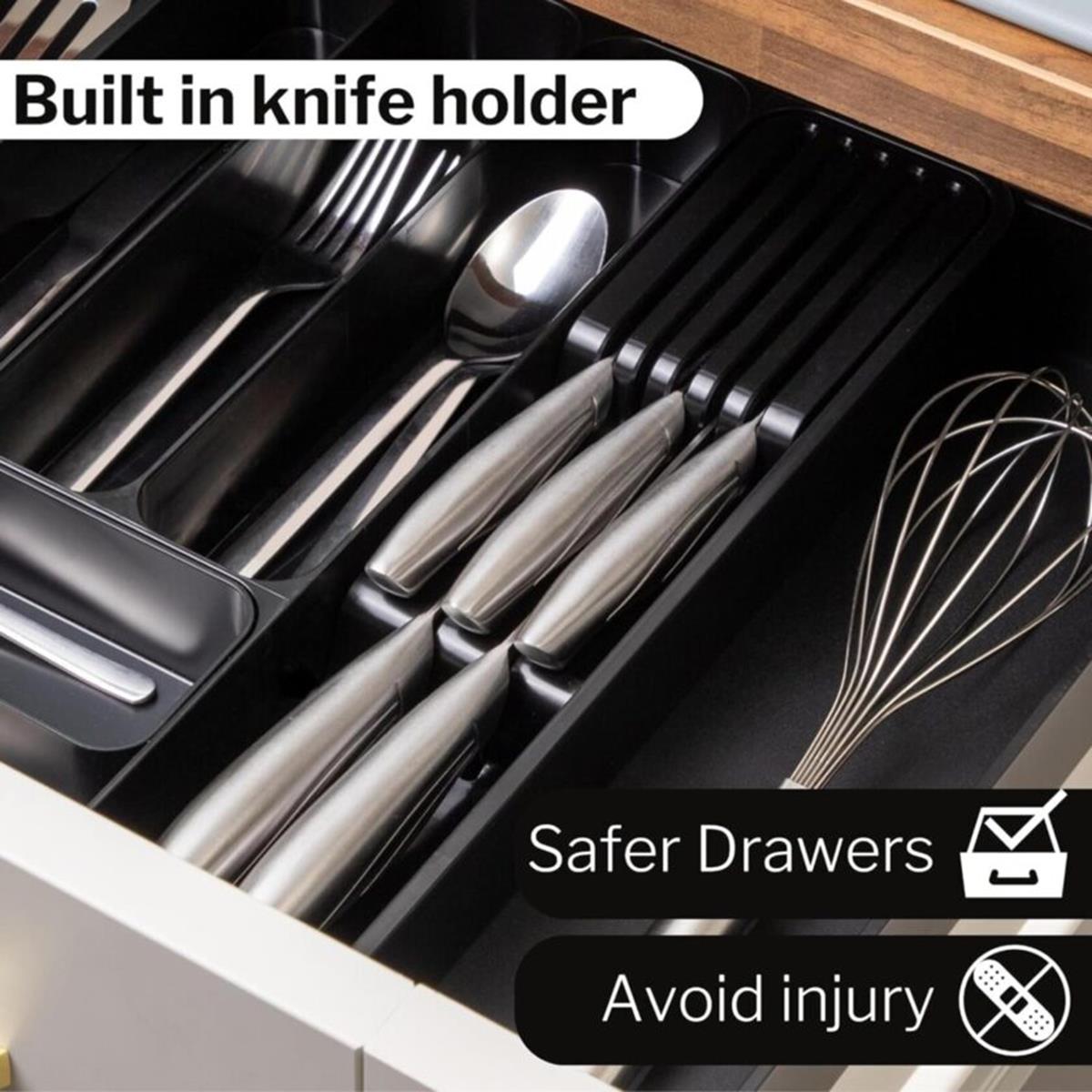 Adjustable cutlery organizer with the built in knife holder for safe drawers to avoid injury. 