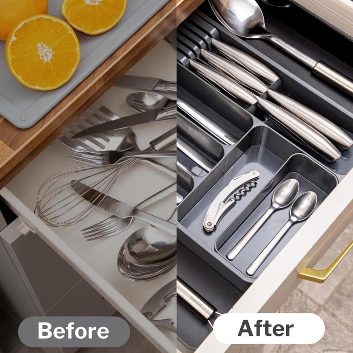 Before and after comparison of a kitchen drawer with adjustable drawer organizer