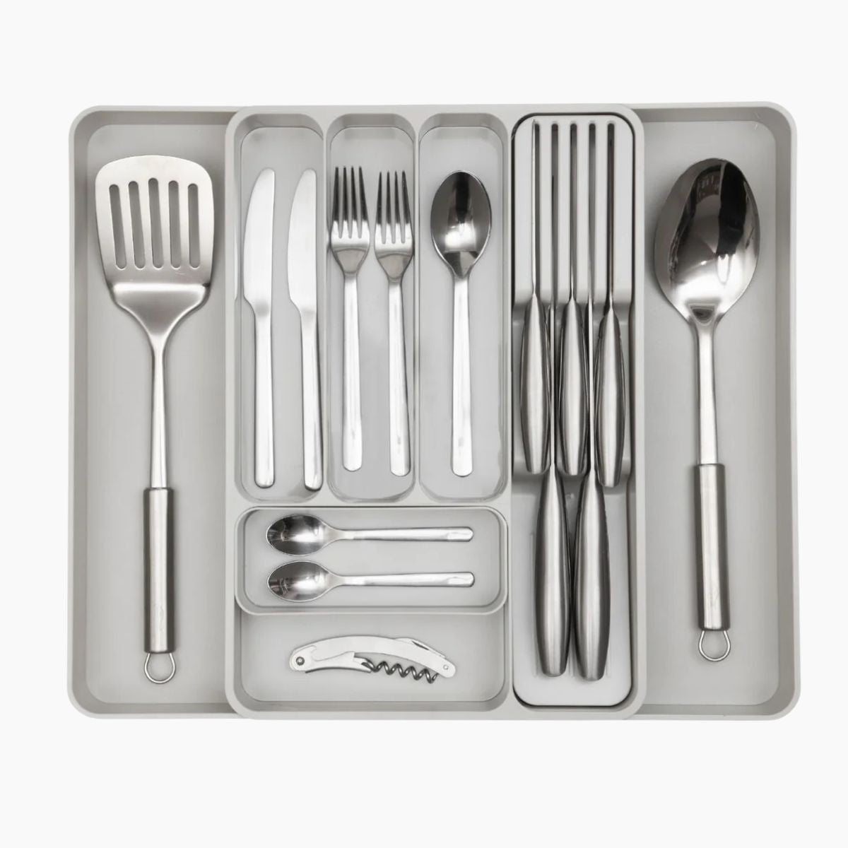 Light grey cutlery organizer with slotted knife organizer for easy home organization.