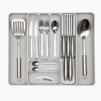 Light grey cutlery organizer with slotted knife organizer for easy home organization.