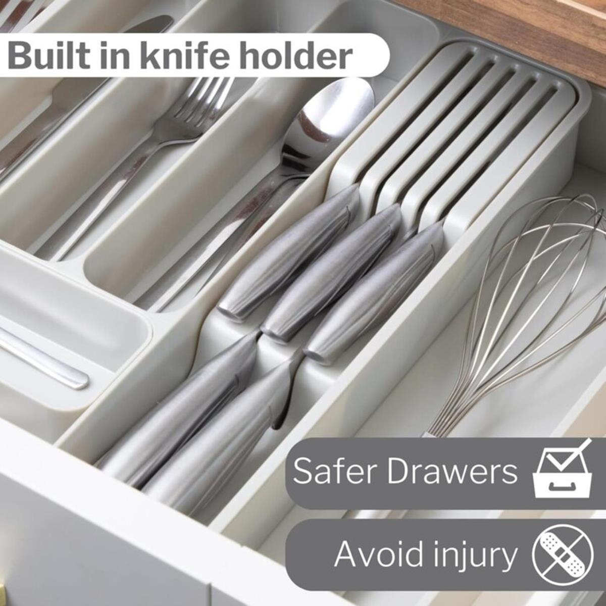 Adjustable cutlery drawer with built in knife holder for safer drawers to avoid injury.