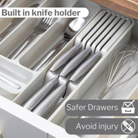 Adjustable cutlery drawer with built in knife holder for safer drawers to avoid injury.