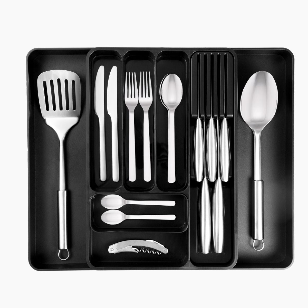 Adjustable cutlery drawer organizer with extendable sides and knife slots.