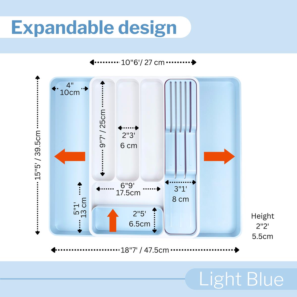 An expandable cutlery drawer organizer in light blue, displayed in both expanded and collapsed states with dimensions marked.