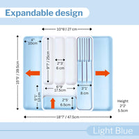 An expandable cutlery drawer organizer in light blue, displayed in both expanded and collapsed states with dimensions marked.