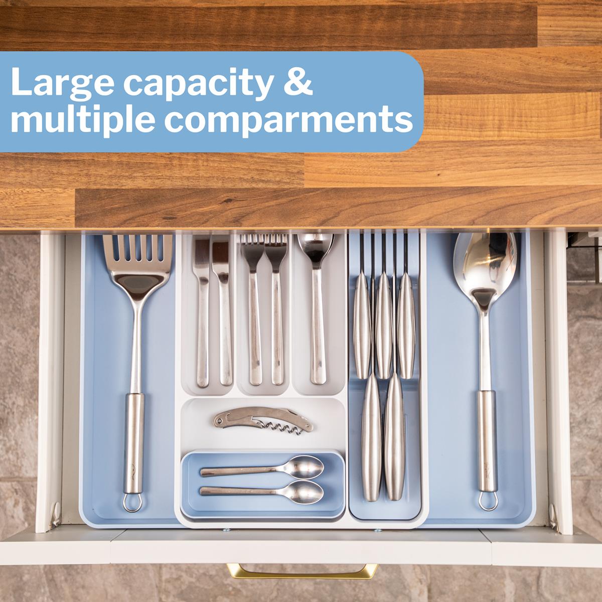 Adjustable cutlery drawer organizer with large capacity & multiple compartments
