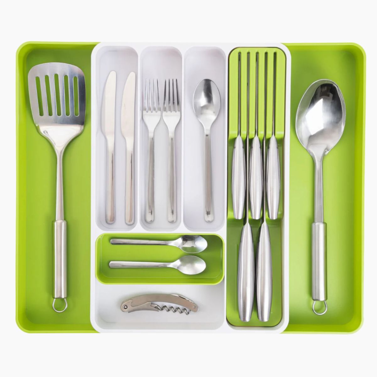 White & green adjustable cutlery drawer organizer with removable parts and slotted knife section for organized kitchens. 