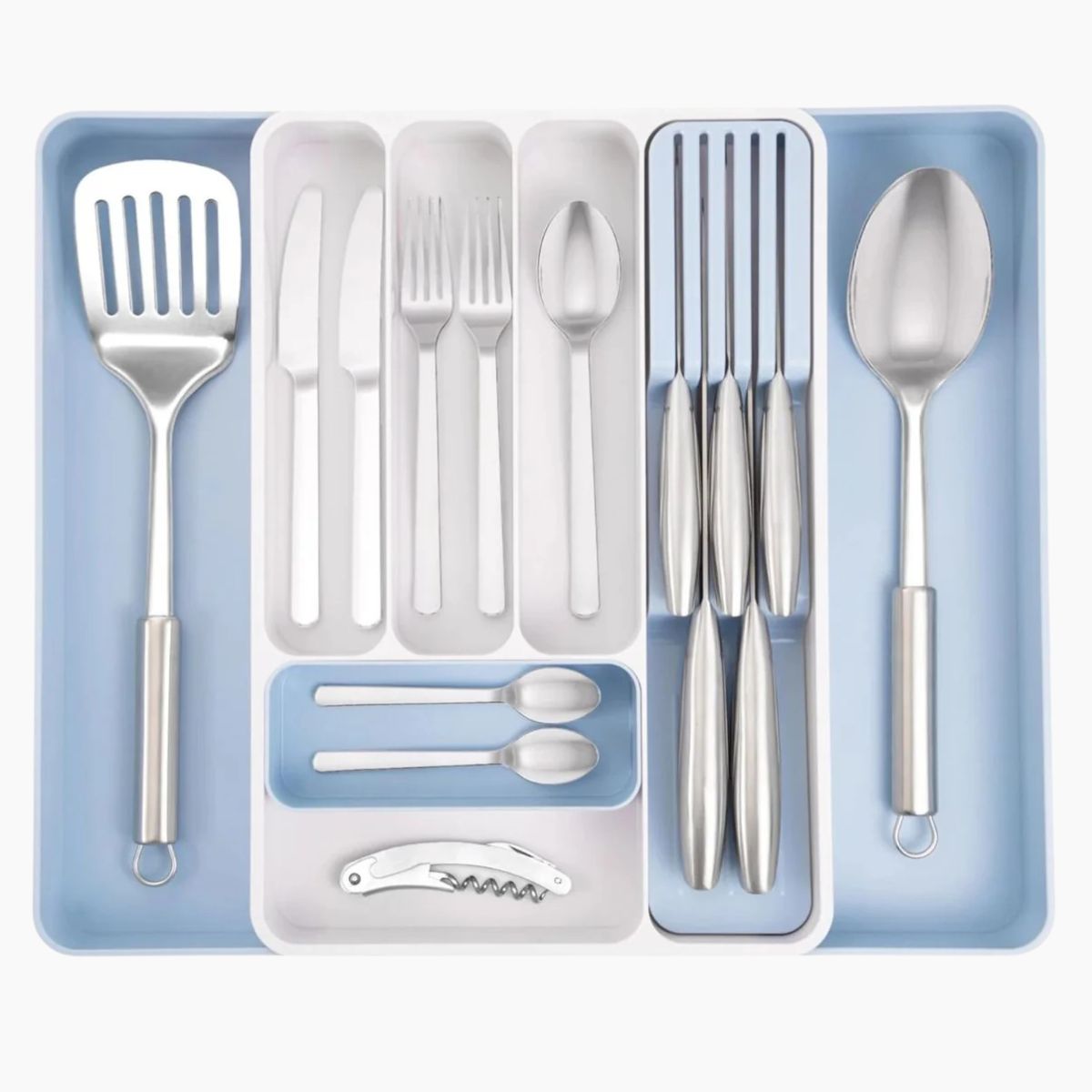 Adjustable cutlery drawer organizer with extendable design and knife slots for easy kitchen organization. 
