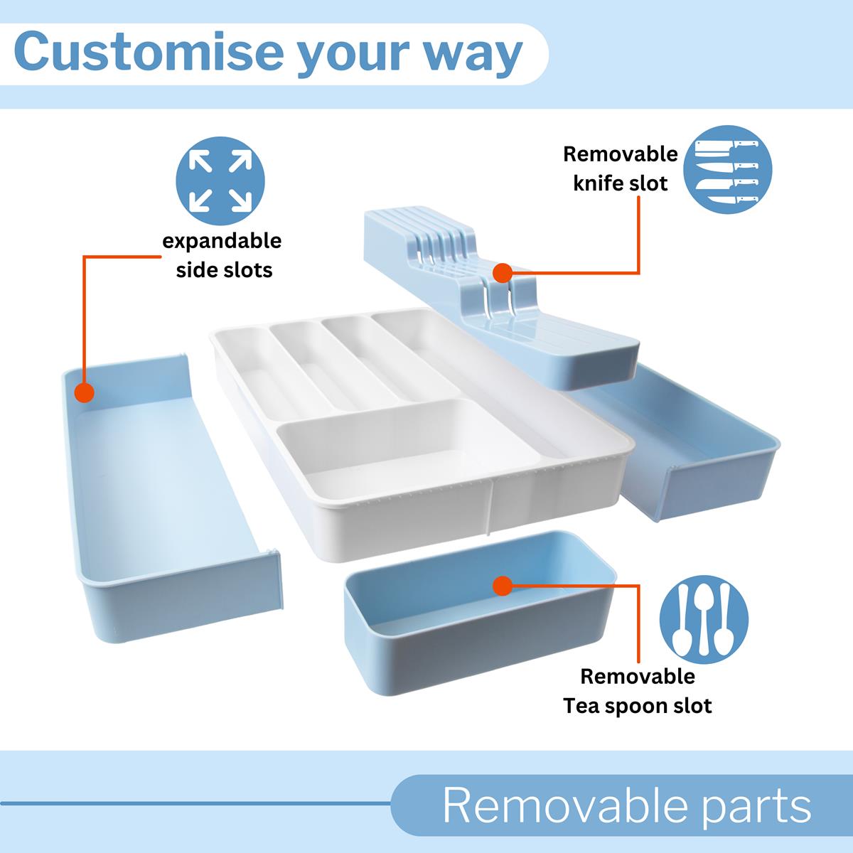 Diagram of a kitchen organizer with expandable side slots and removable parts.
