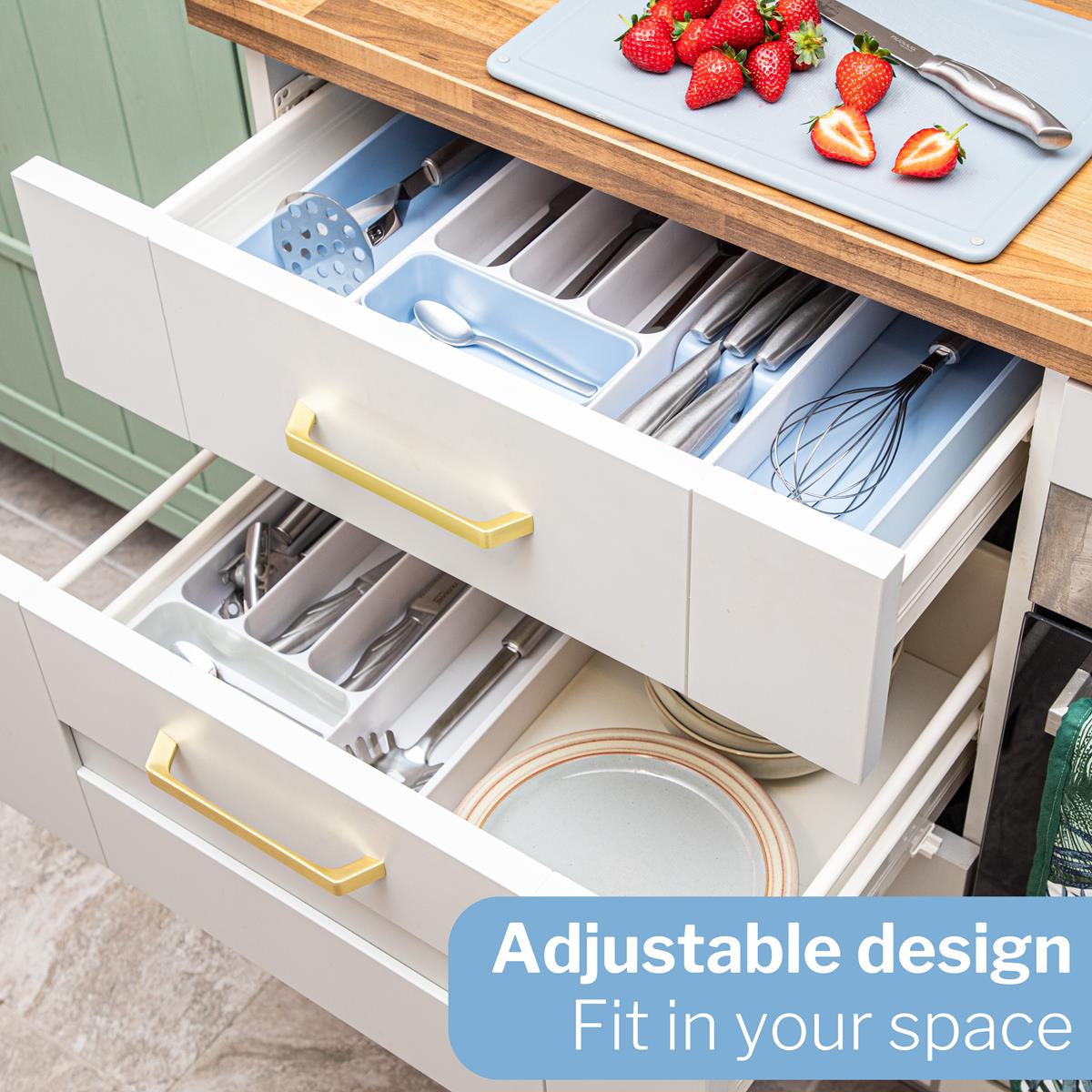 Cutlery drawer organizer with adjustable design to fit your space.