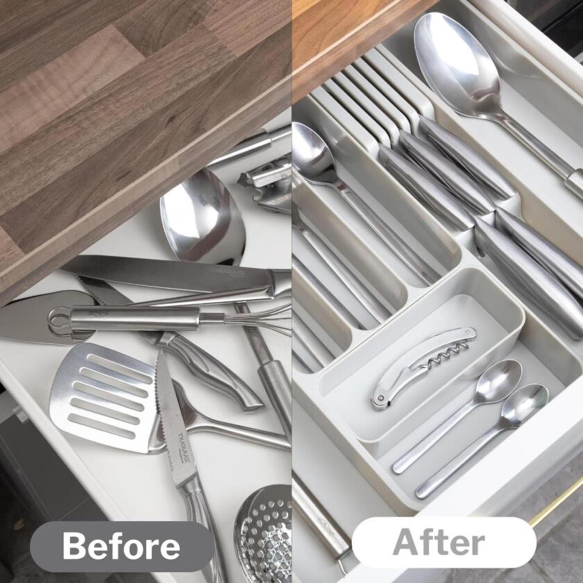 Before and after of a cutlery drawer using the nuovva adjustable cutlery drawer organizer.  