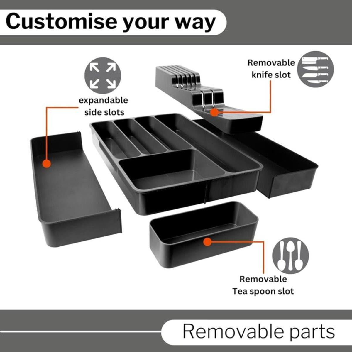 Black kitchen organizer with removable parts, knife slots and expandable side slots.