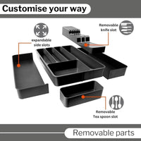 Black kitchen organizer with removable parts, knife slots and expandable side slots.