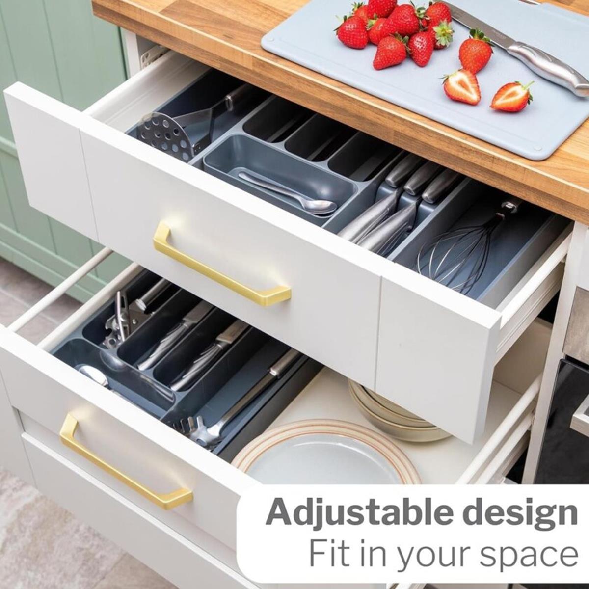 Kitchen drawer with adjustable cutlery organizer with slotted knife section - adjustable design to fit your space. 