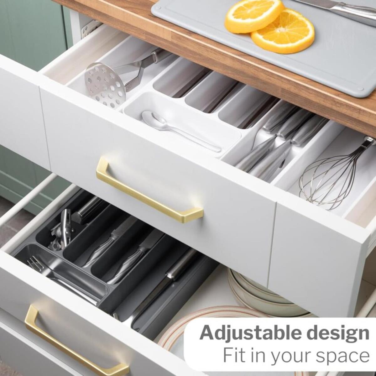 Kitchen drawer utensil organizer with adjustable design feature to fit your space.