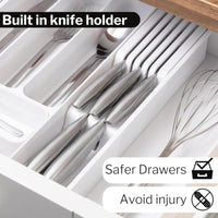 Cutlery drawer organizer with removable knife holder for safer drawers and injury prevention.