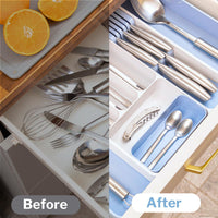 Before and after comparison of a drawer with organized and disorganized silverware using the adjustable cutlery drawer organizer.