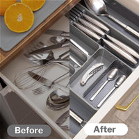 Kitchen drawer before and after comparison using the nuovva adjustable cutlery organizer for neater drawers.