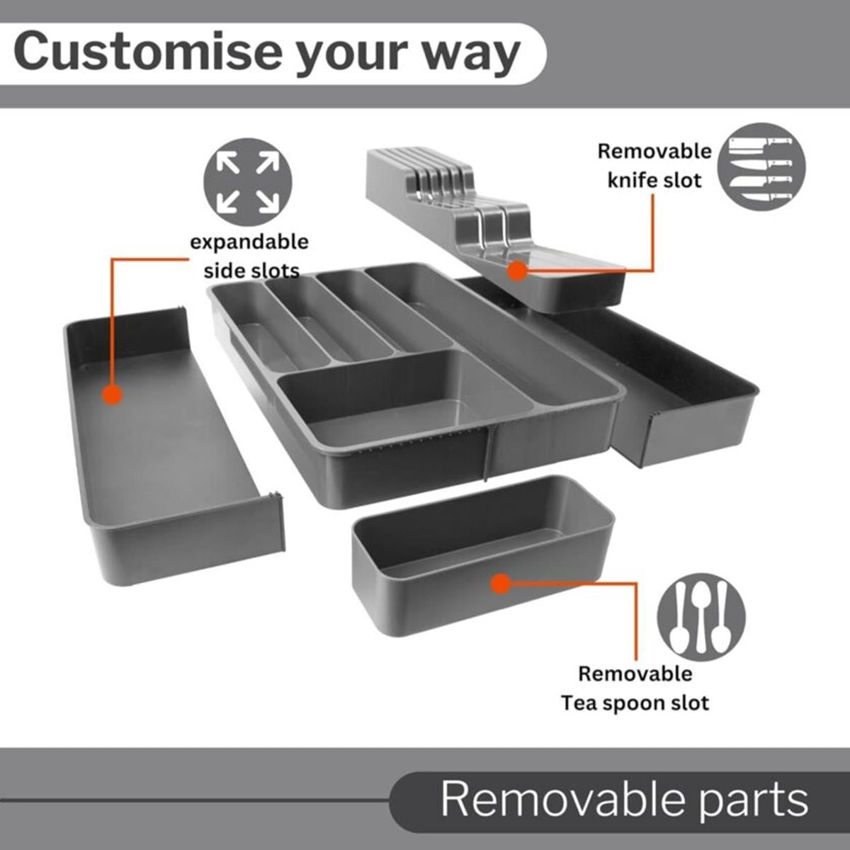Gray kitchen organizer with removable parts and expandable slots.