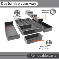Gray kitchen organizer with removable parts and expandable slots.