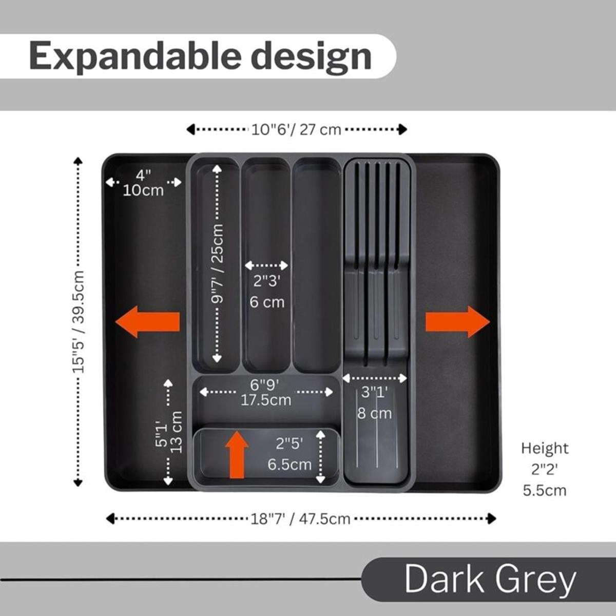 Dark grey expandable drawer organizer with measurements and dimensions.