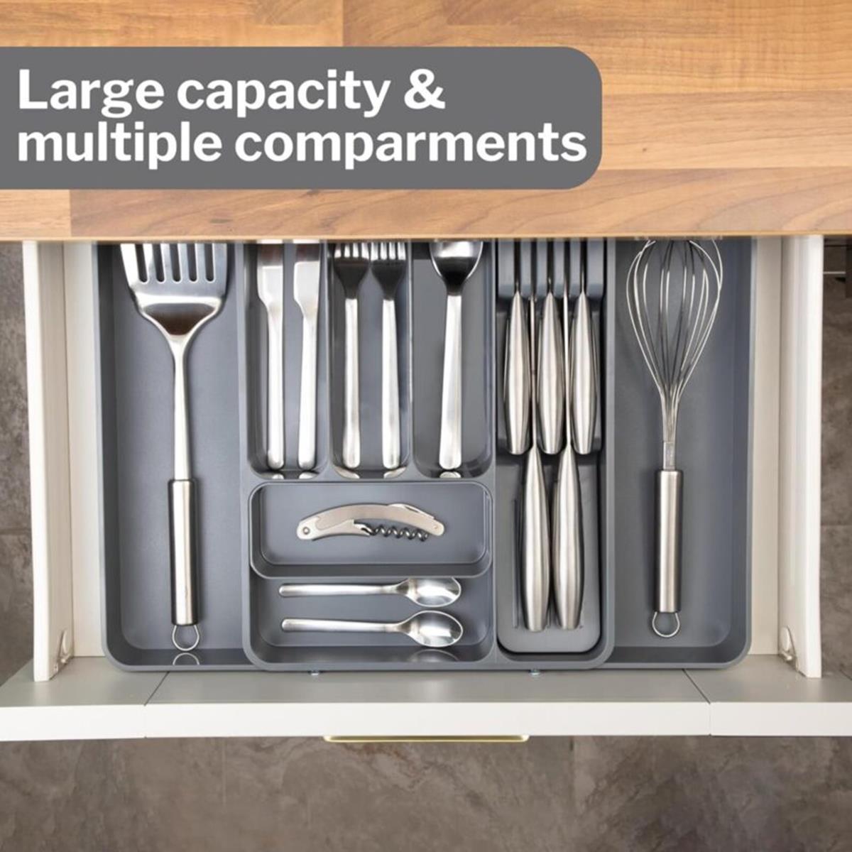 Kitchen extendable cutlery drawer organizer with large capacity and multiple compartments. 