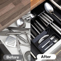 Before and after comparison of a draw with or without the nuovva cutlery drawer organizer 