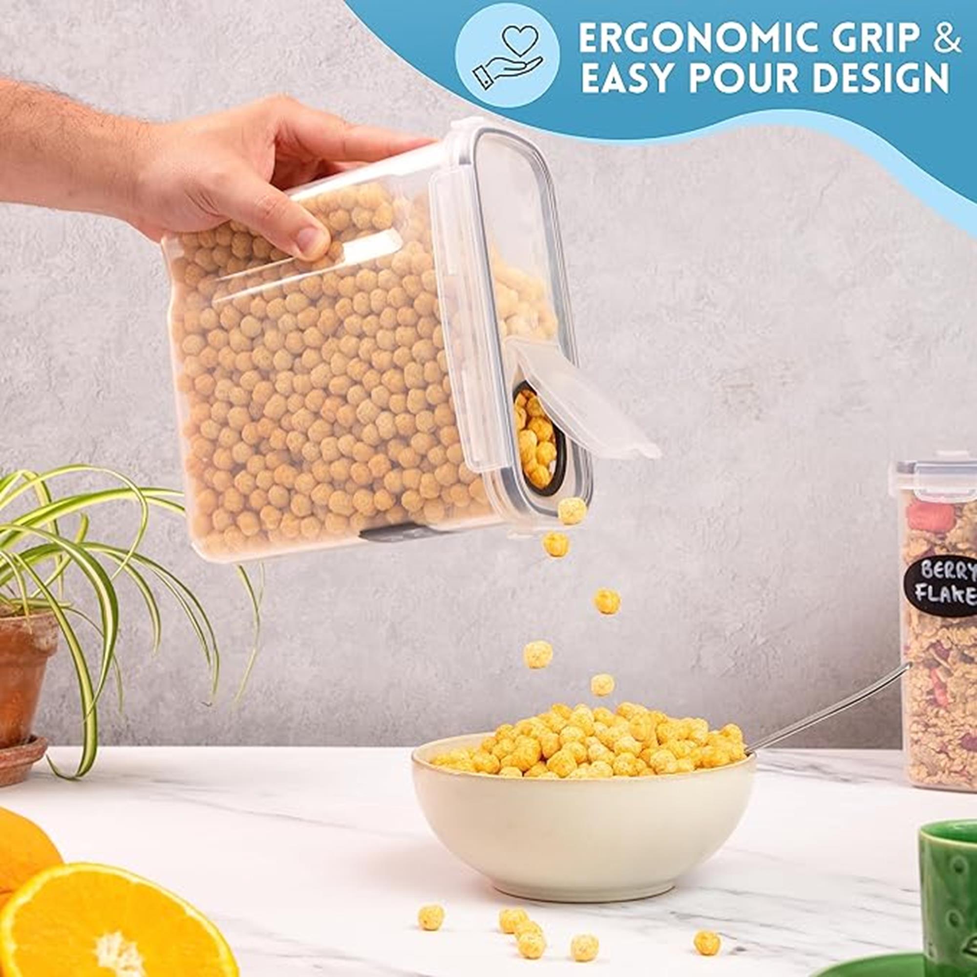 Ergonomic grip and easy pour design with nuovva cereal containers for easy kitchen storage. 