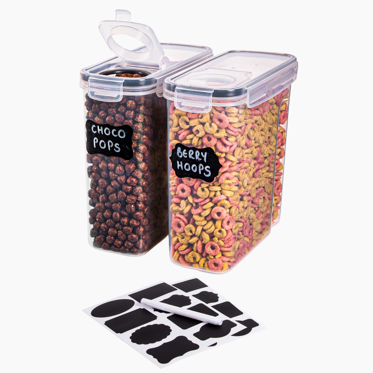 Nuovva set of 2 cereal containers with labels and chalk to improve home organization