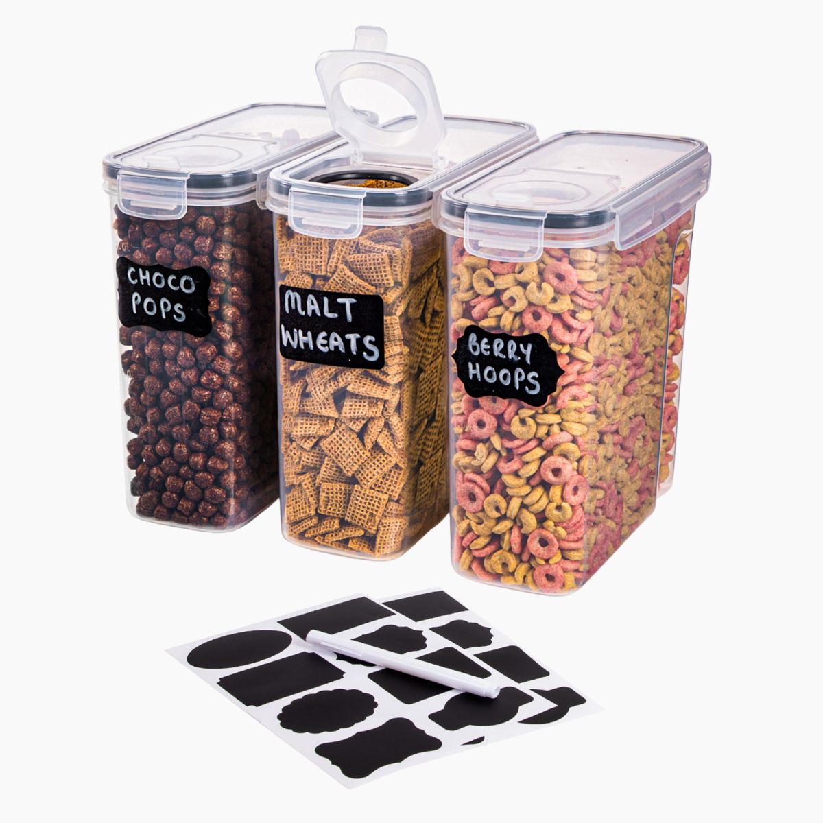 Set of 3 airtight cereal containers with easy pour lids and stickers for easy home organization