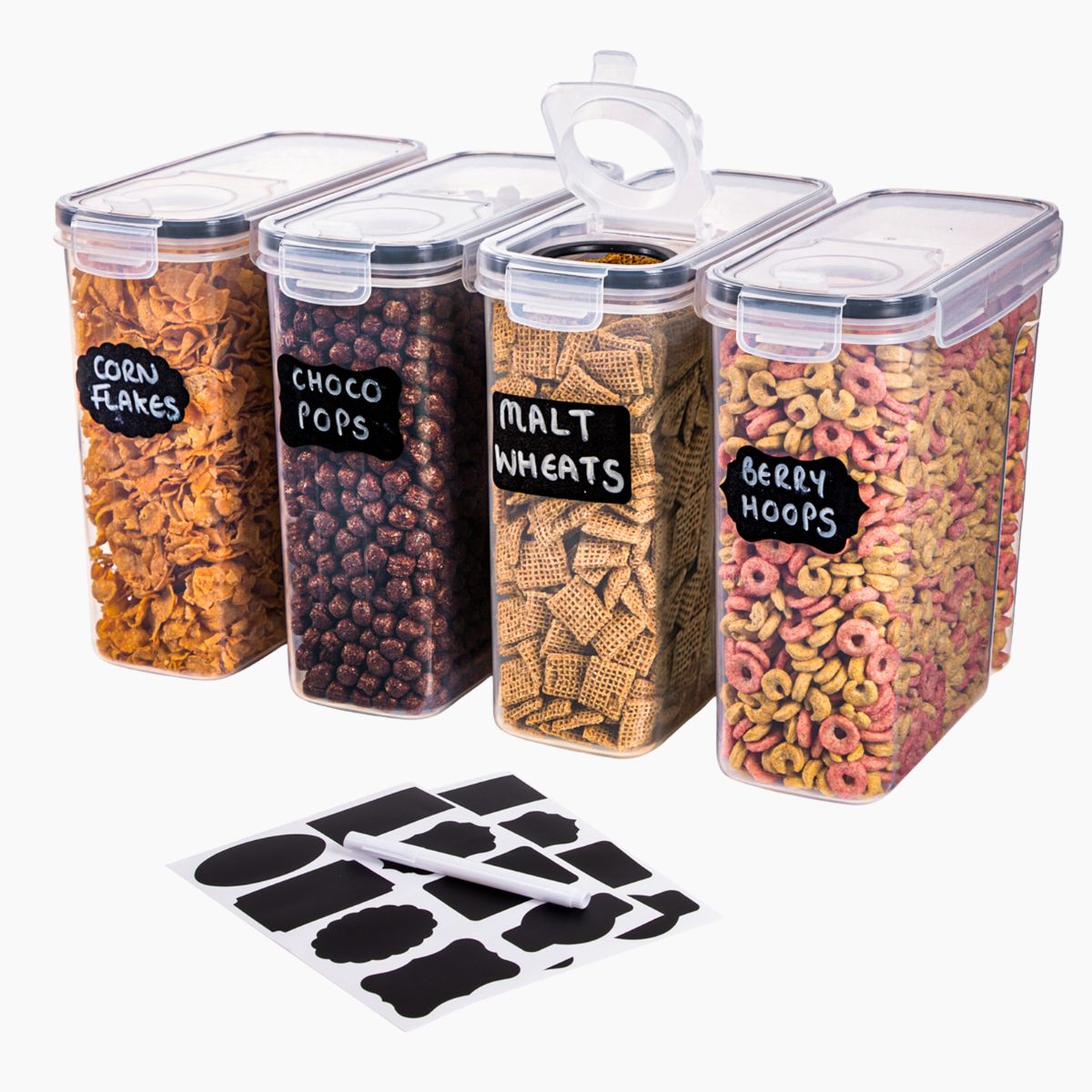 Set of four BPA-free cereal storage container with chalk and labels for home organization 